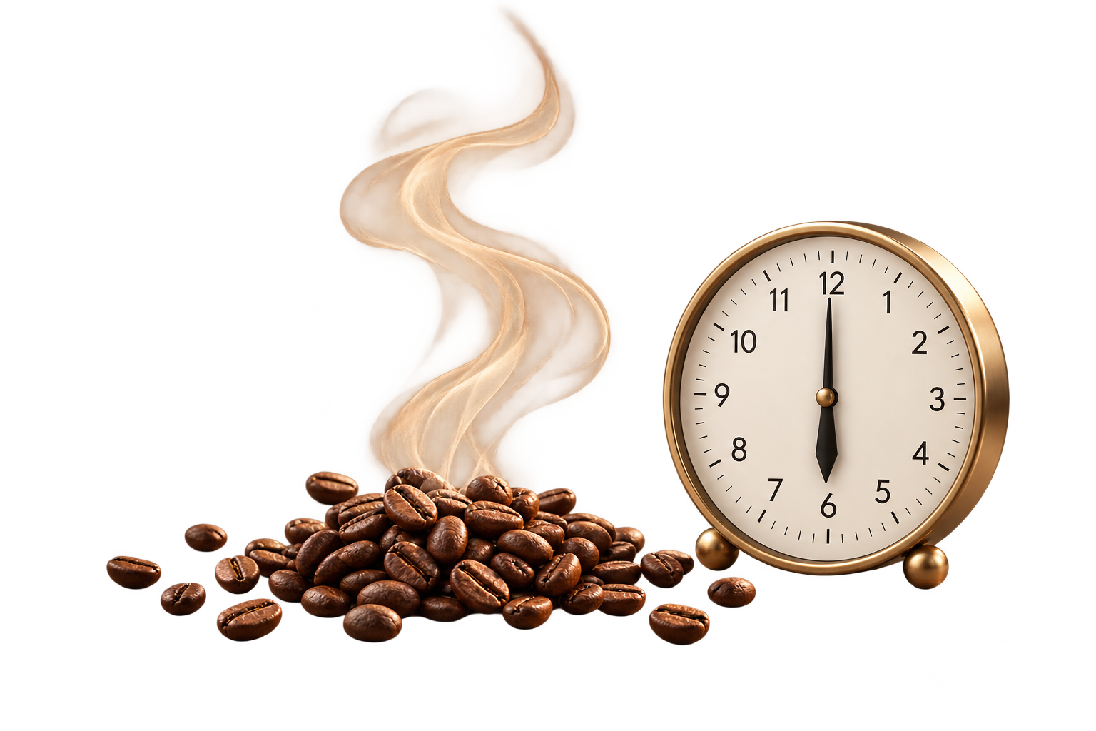 Coffee beans with rising aroma beside a timer clock on a transparent background