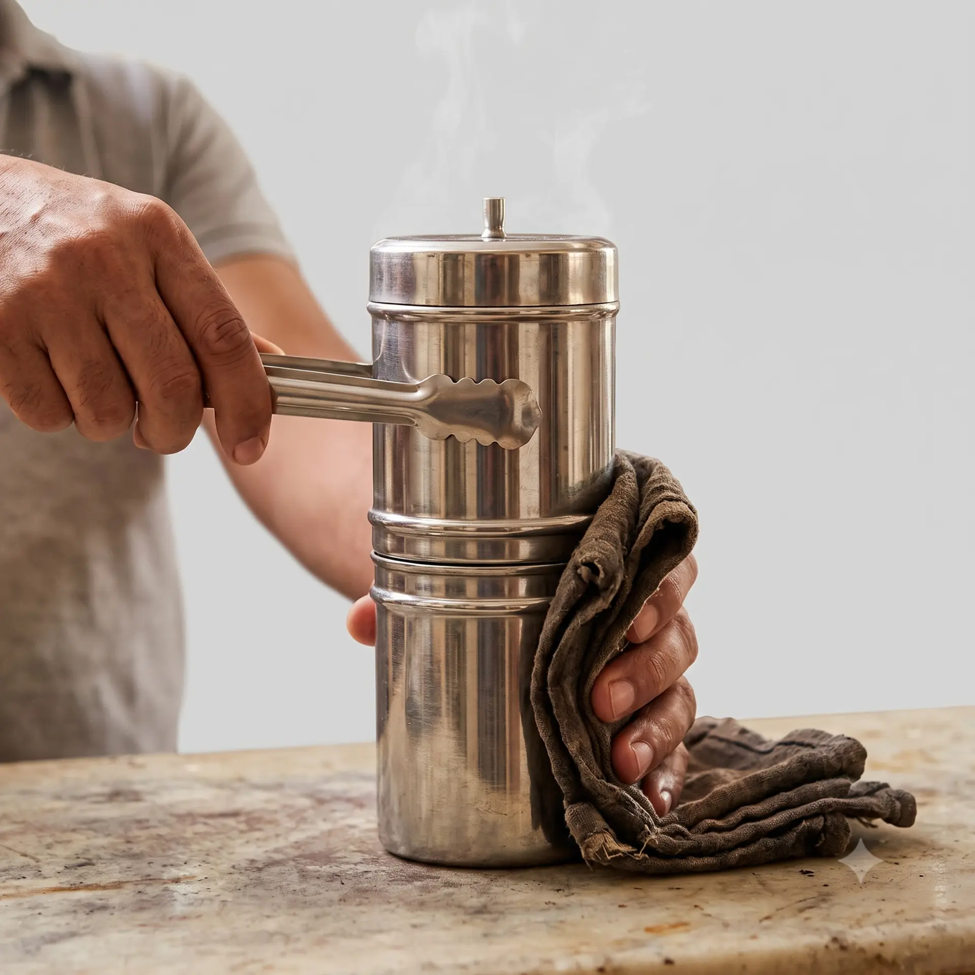 Handling a hot traditional filter coffee maker with tongs and a cloth